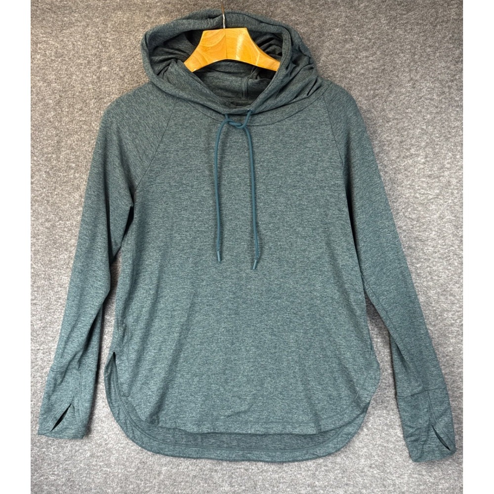 Athleta Uptempo Hoodie Womens M Heather Green Thumbhole Pullover Semi Fitted Top
